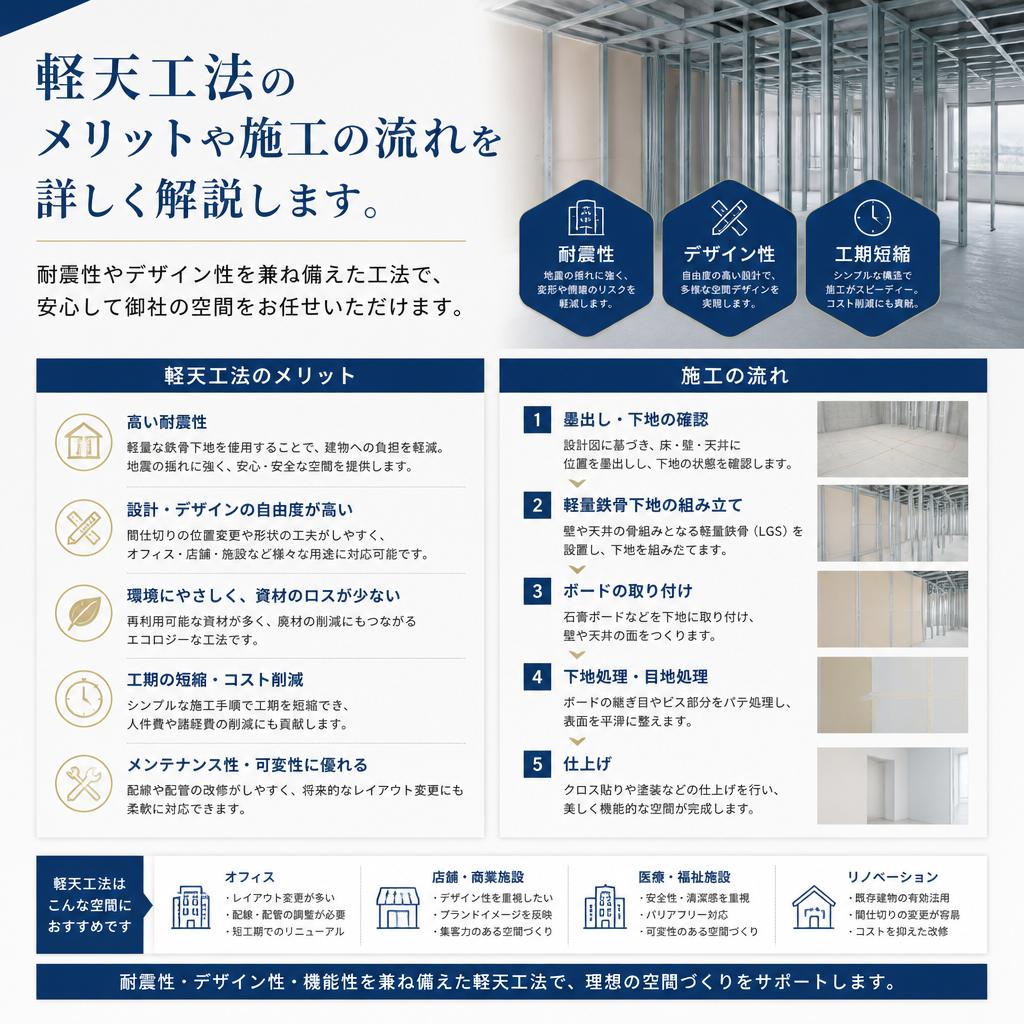 特徴的な軽天工法とその利点